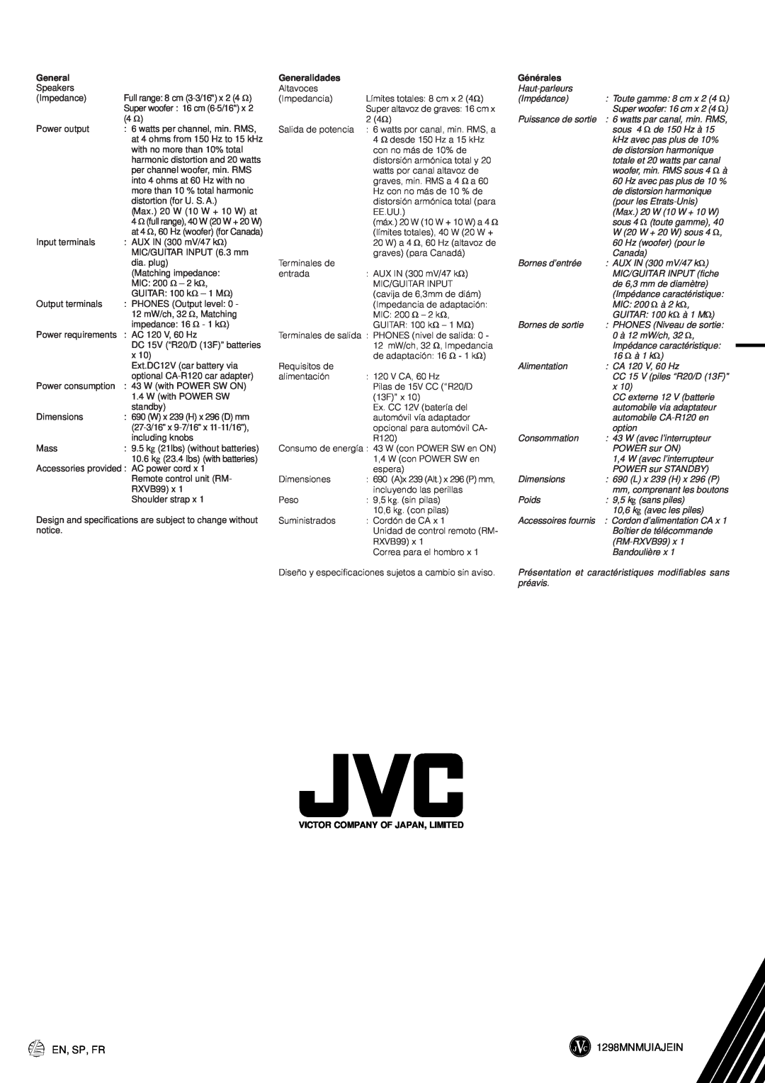 JVC RV-B99 Generalidades, Victor Company Of Japan, Limited, Générales, Haut-parleurs, Toute gamme: 8 cm x 2 4 Ω, Poids 