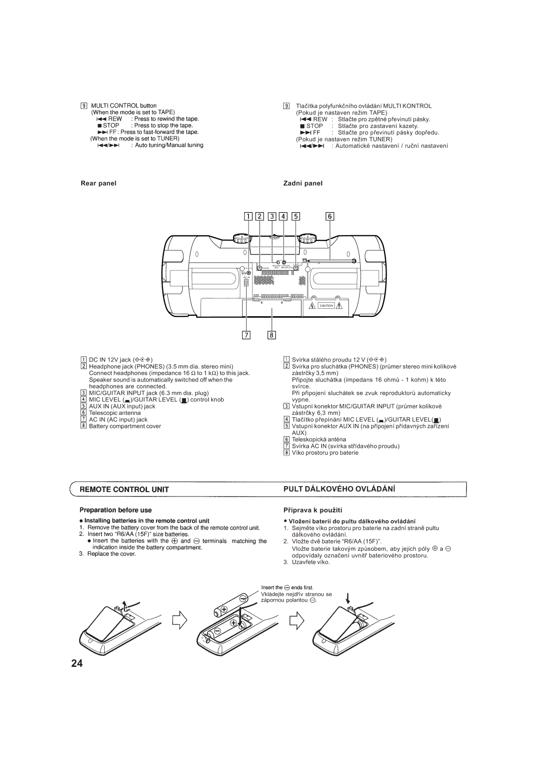 JVC RV-B99BK manual Pult Dálkového OVLÁDÁNå, Rear panel Zadní panel, Pøíprava k použití 