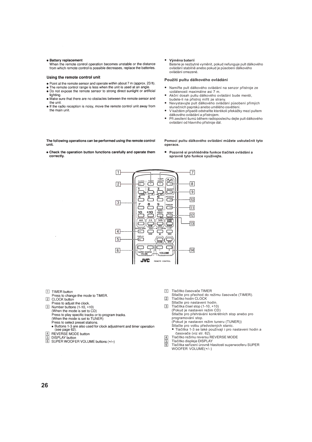 JVC RV-B99BK manual Použití pultu dálkového ovládání 