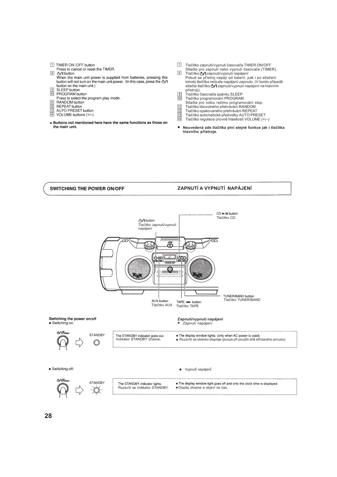 JVC RV-B99BK manual ZAPNUTå a VYPNUTå NAPÁJENå, Zapnutí/vypnutí napájení Zapnutí napájení 