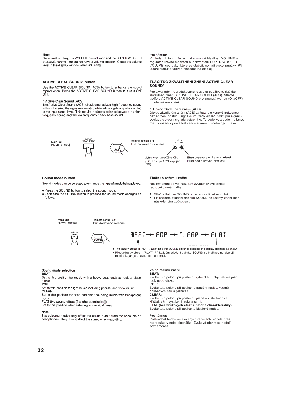 JVC RV-B99BK manual Tlaèítko Zkvalitnìní Znìní Active Clear Sound, Tlaèítko režimu znìní 