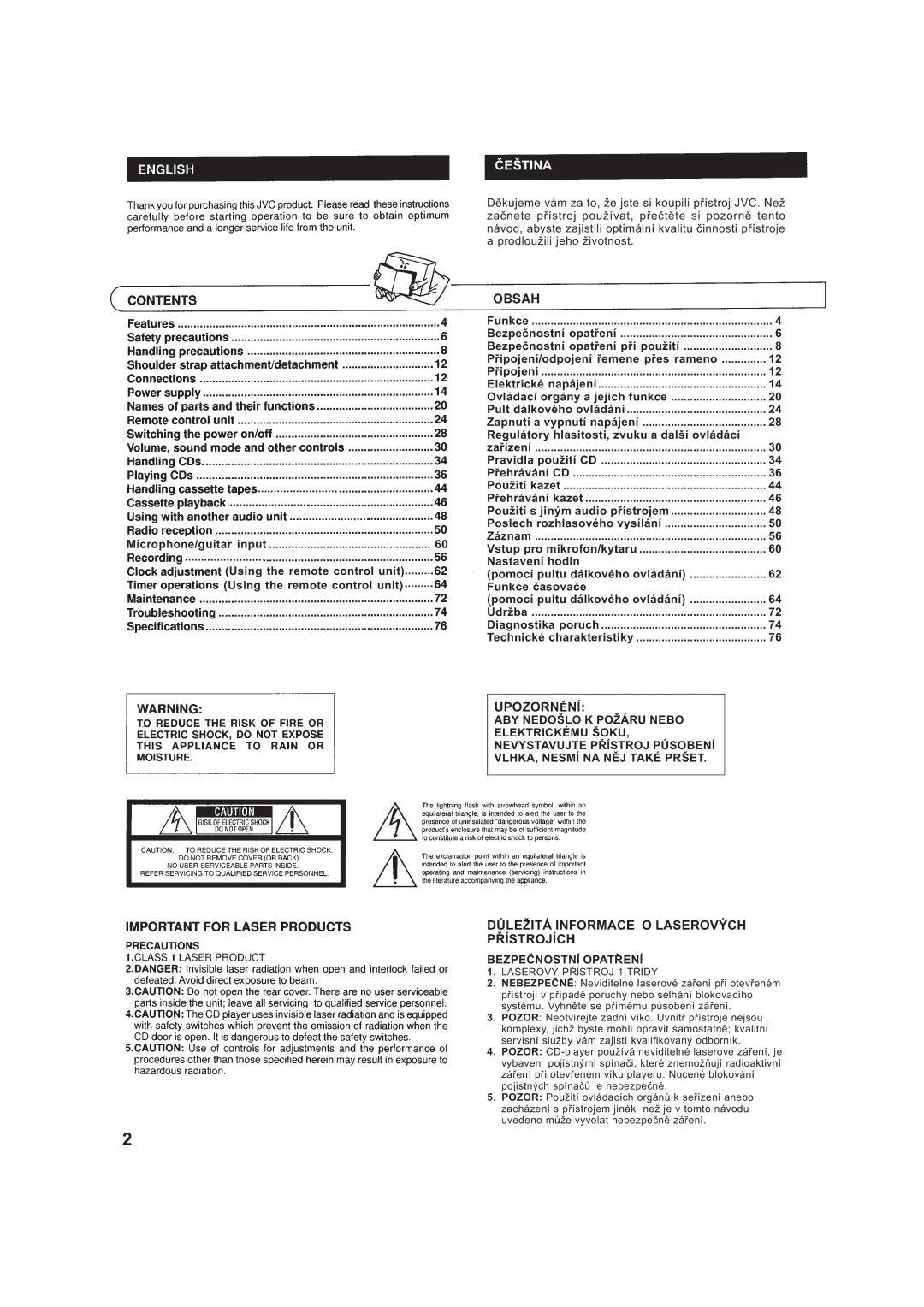 JVC RV-B99BK manual UPOZORNÌNå, Dúležitá Informace O Laserových PØåSTROJåCH, BEZPEÈNOSTNå OPATØENå 