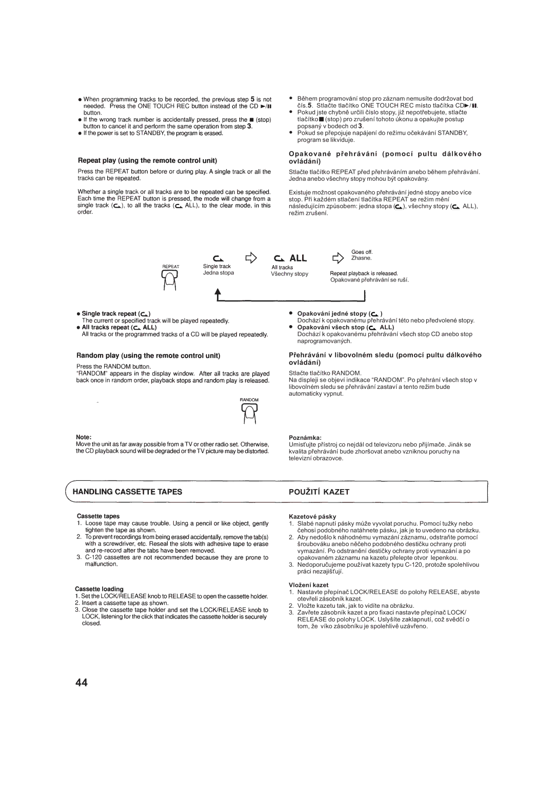 JVC RV-B99BK manual POUŽITå Kazet, Opakované pøehrávání pomocí pultu dálkového ovládání 