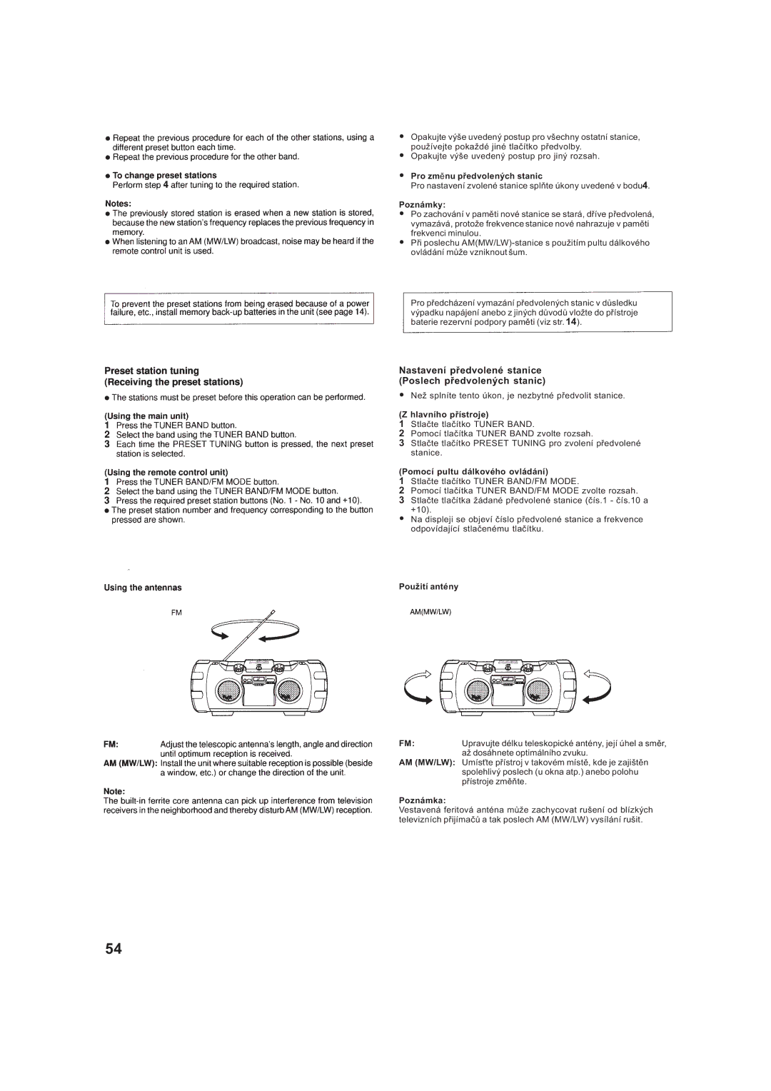 JVC RV-B99BK manual Nastavení pøedvolené stanice Poslech pøedvolených stanic 