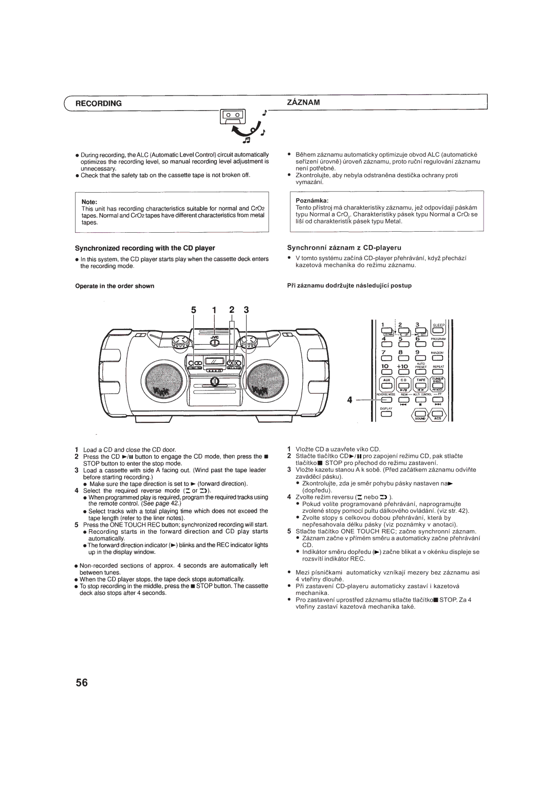 JVC RV-B99BK manual Záznam, Synchronní záznam z CD-playeru 