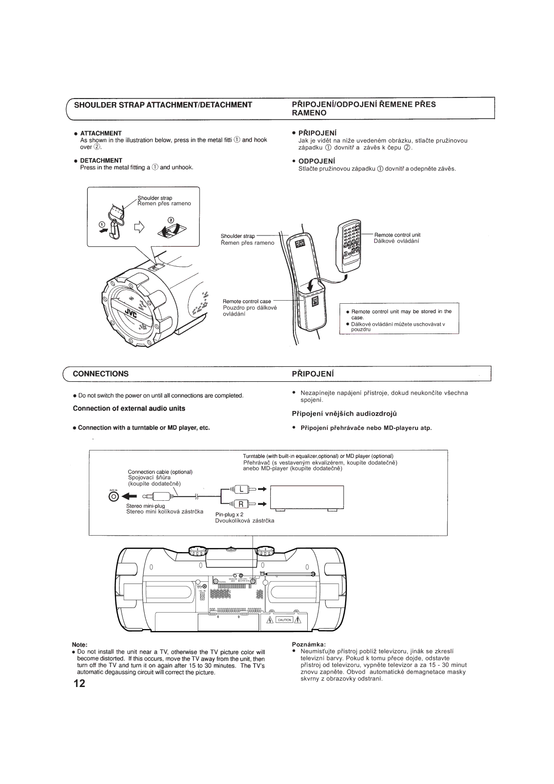 JVC RV-B99BK manual PØIPOJENå/ODPOJENå Øemene Pøes Rameno, Pøipojení vnìjších audiozdrojù 