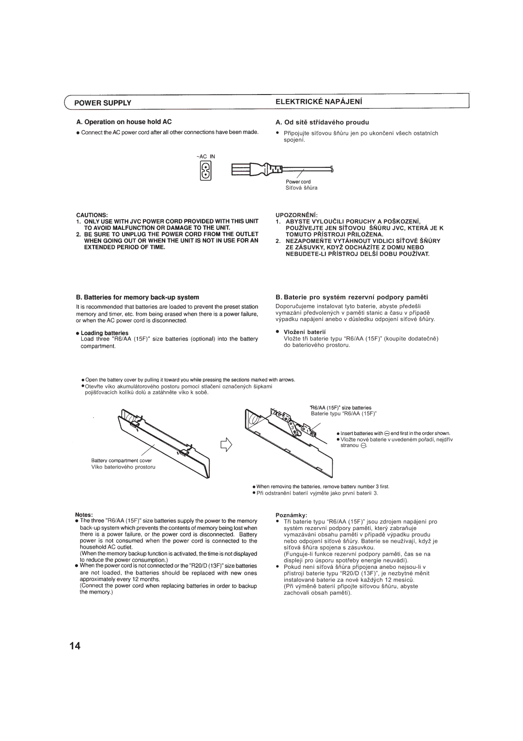 JVC RV-B99BK manual Elektrické NAPÁJENå, Od sítì støídavého proudu, Baterie pro systém rezervní podpory pamìti 