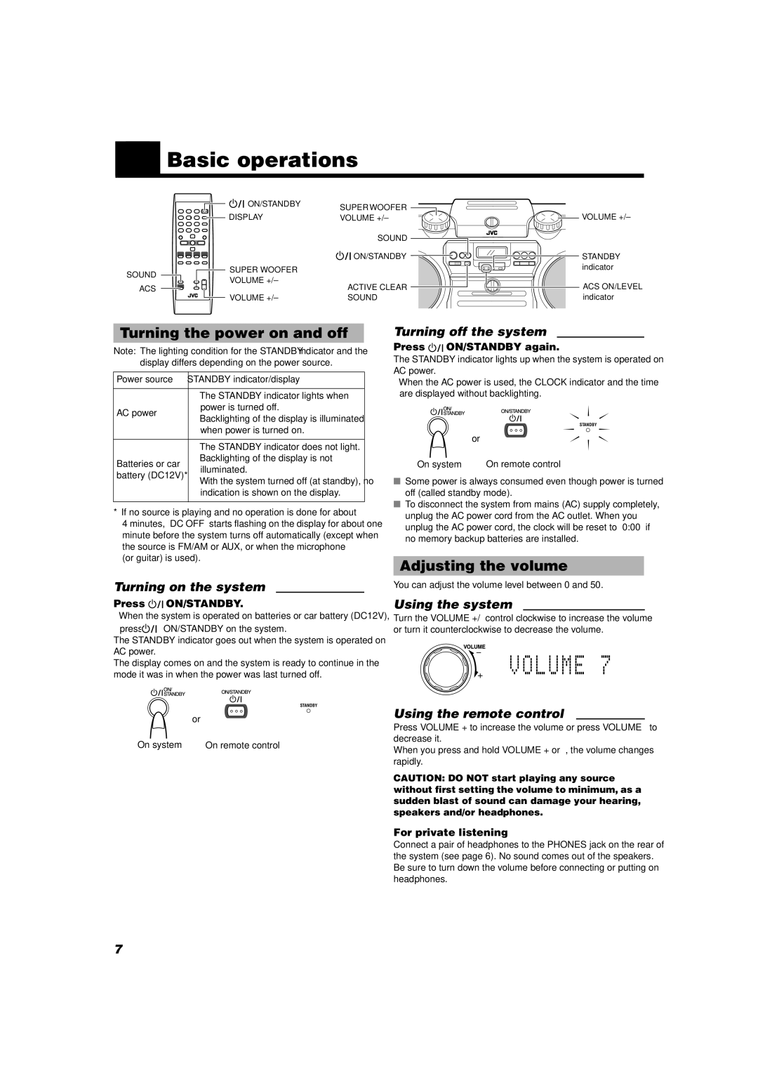 JVC RV-NB1 manual Basic operations, Turning the power on and off, Adjusting the volume 