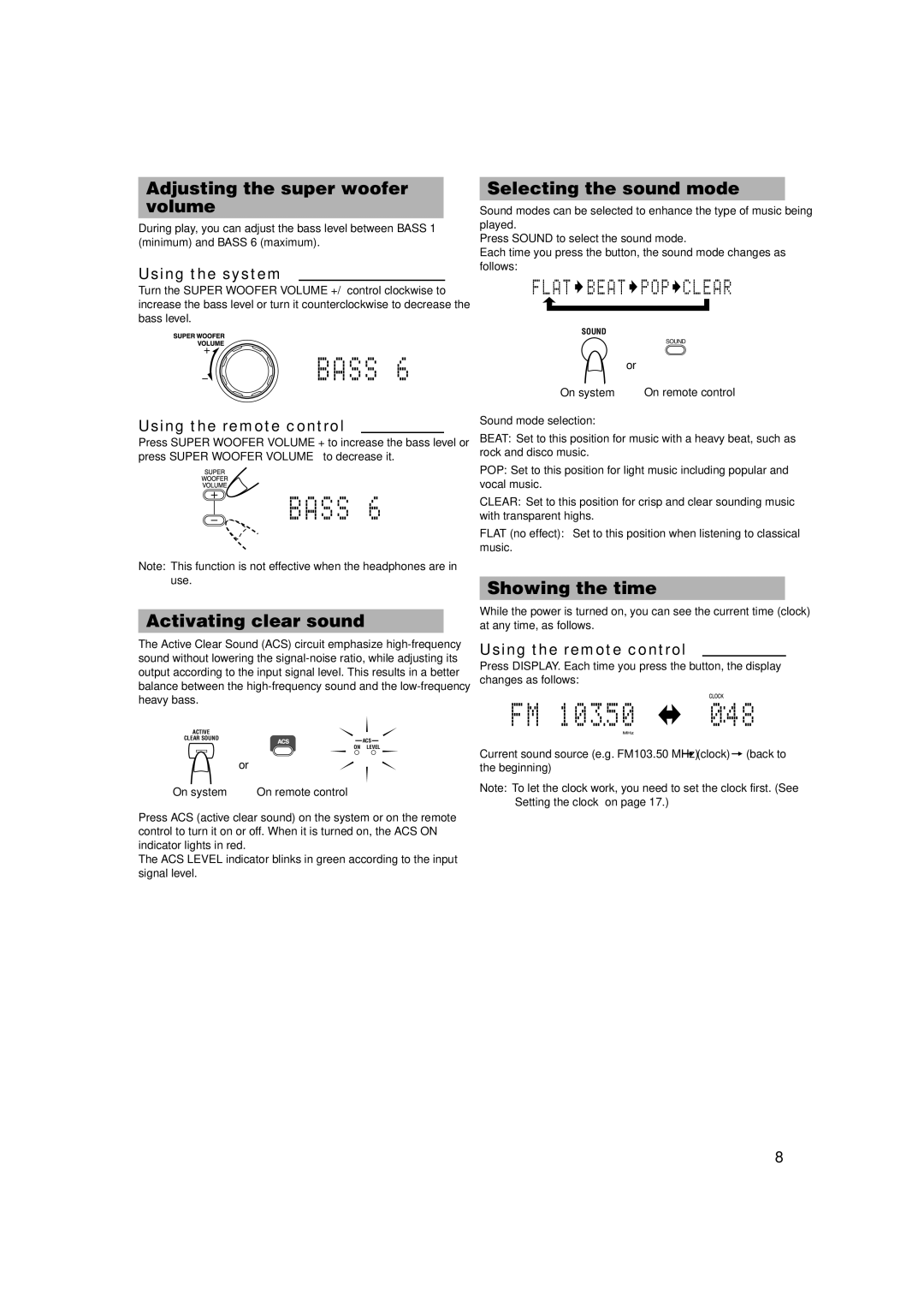 JVC RV-NB1 manual Adjusting the super woofer volume, Activating clear sound, Selecting the sound mode, Showing the time 