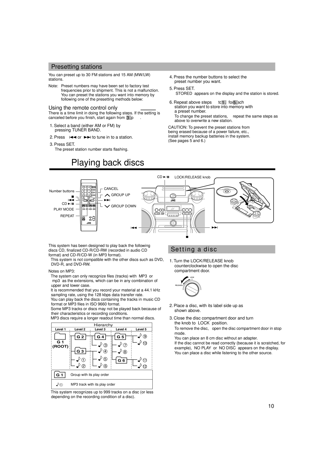 JVC RV-NB1 manual Playing back discs, Presetting stations, Setting a disc, Using the remote control only 