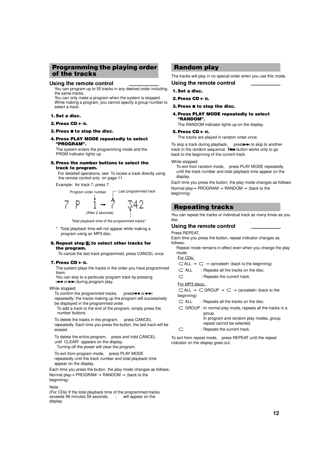 JVC RV-NB1 manual Programming the playing order of the tracks, Random play, Repeating tracks 