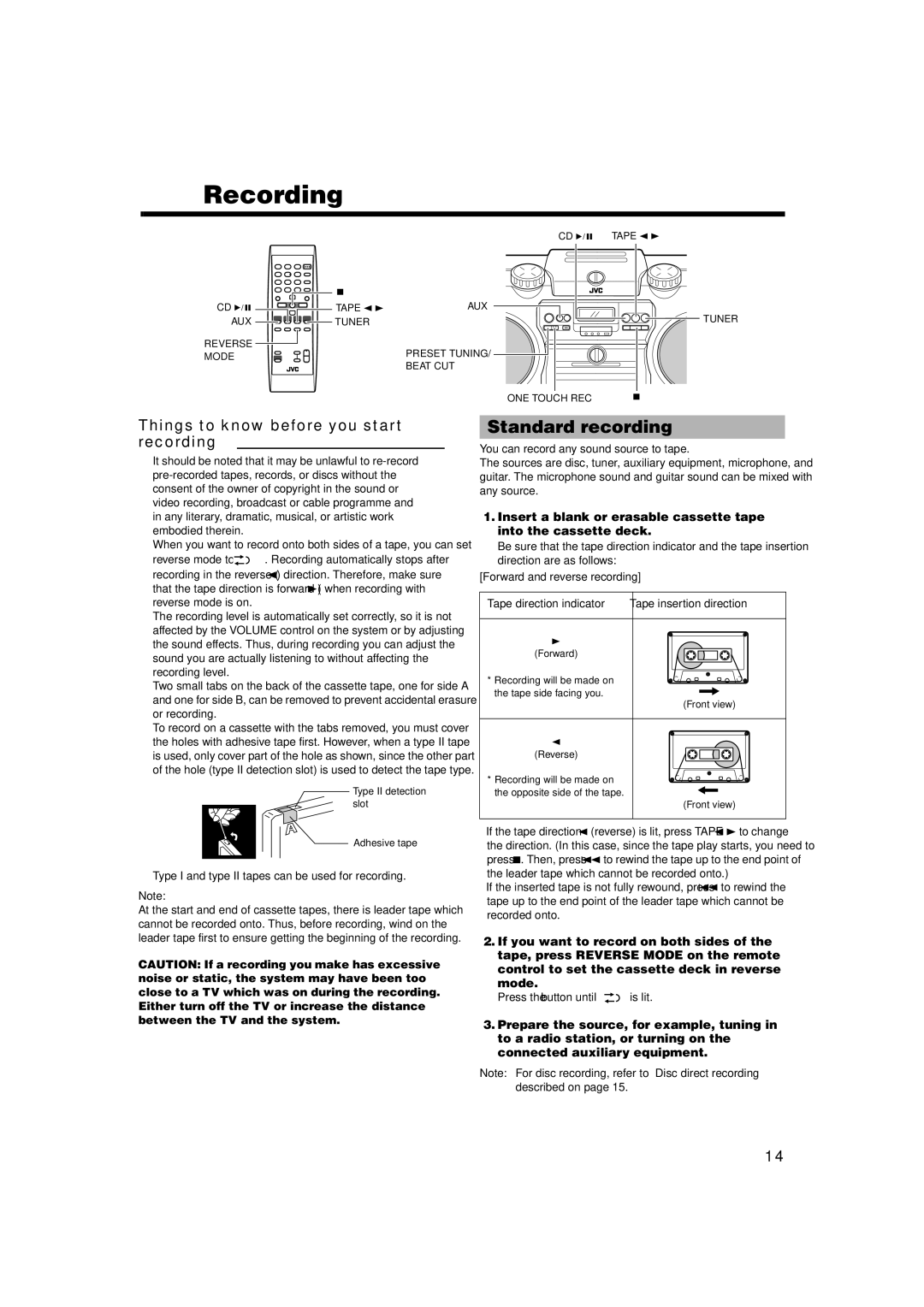 JVC RV-NB1 manual Recording, Standard recording, Things to know before you start recording 