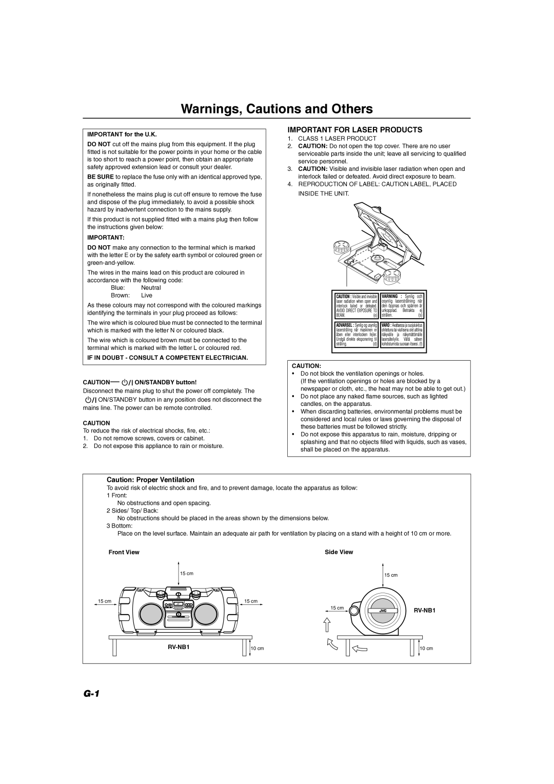 JVC RV-NB1 manual Important for Laser Products 