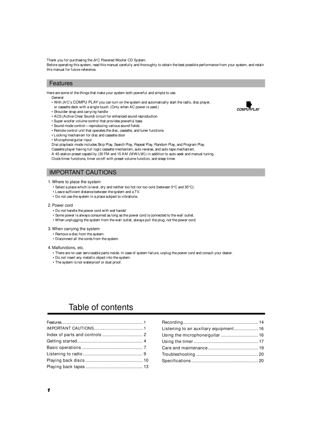 JVC RV-NB1 manual Table of contents 