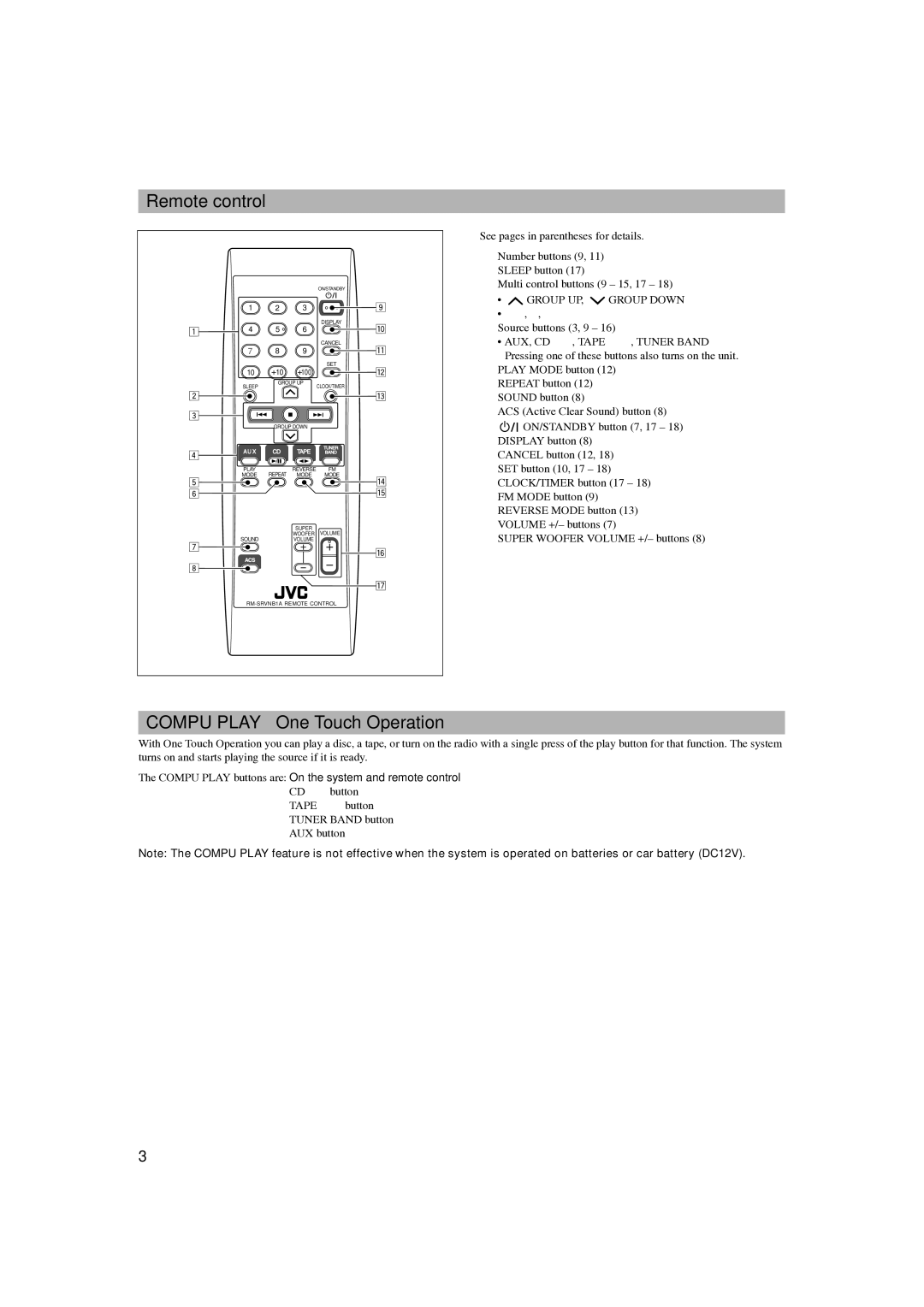 JVC RV-NB1 manual Remote control, Compu Play One Touch Operation 