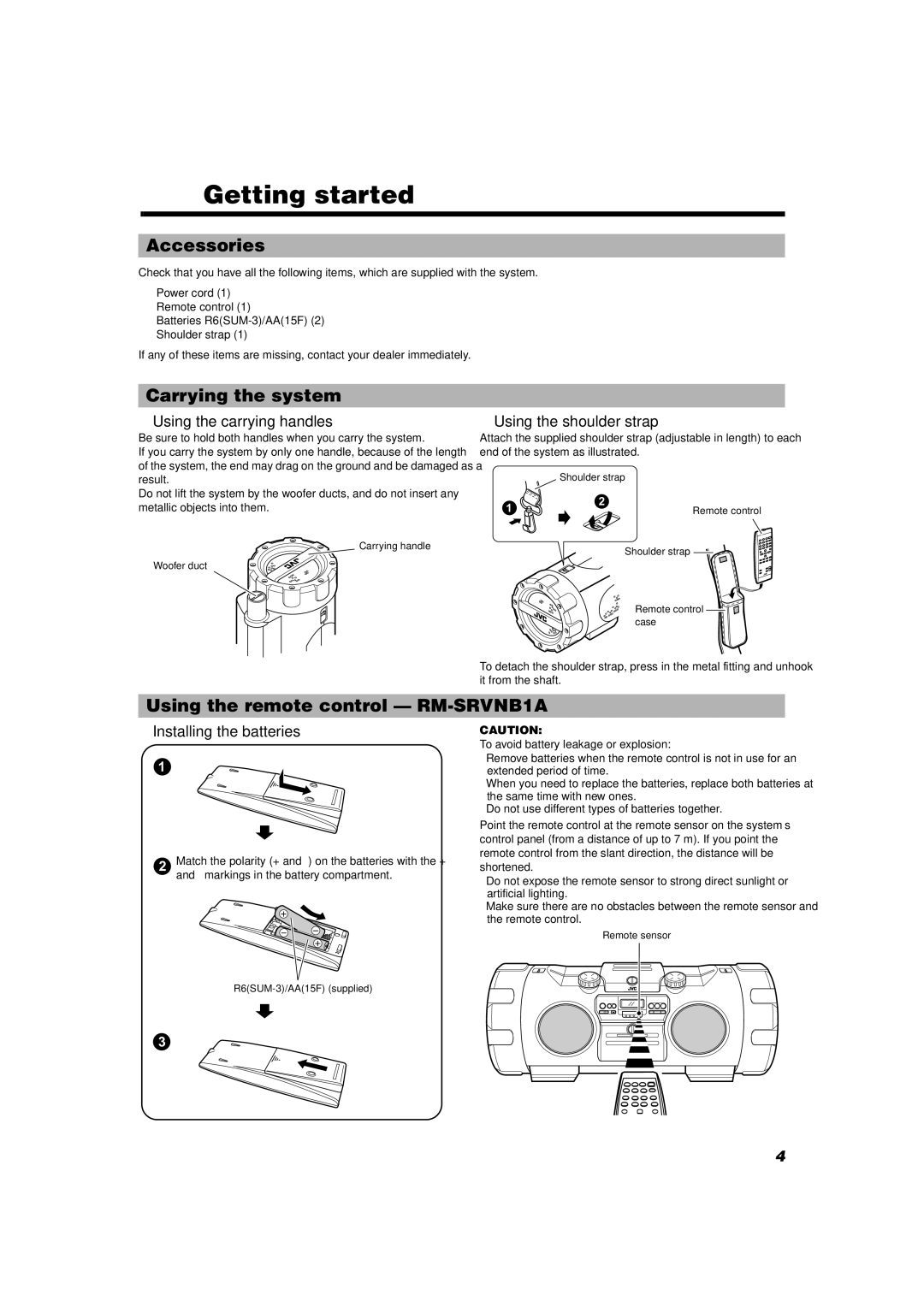 JVC RV-NB1 manual Getting started, Accessories, Carrying the system, Using the remote control RM-SRVNB1A 