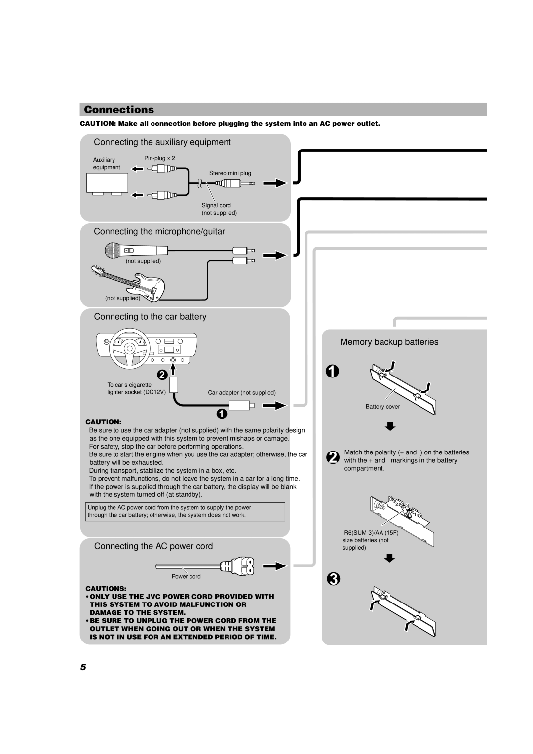 JVC RV-NB1 Connections, Connecting the auxiliary equipment, Connecting the microphone/guitar, Connecting the AC power cord 