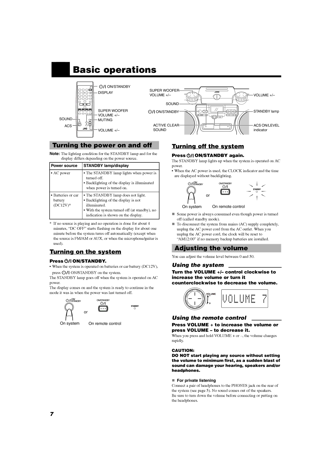 JVC RV-NB20W, RV-NB20B manual „ Basic operations, Turning the power on and off, Adjusting the volume, Press ON/STANDBY 