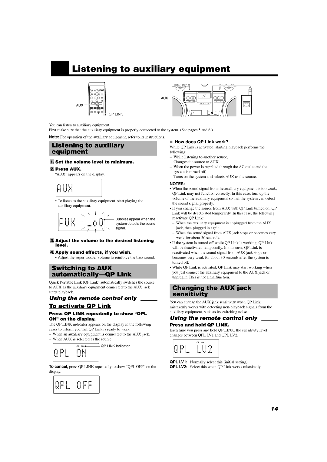JVC RV-NB20B „ Listening to auxiliary equipment, Switching to AUX automatically-QP Link, Changing the AUX jack sensitivity 