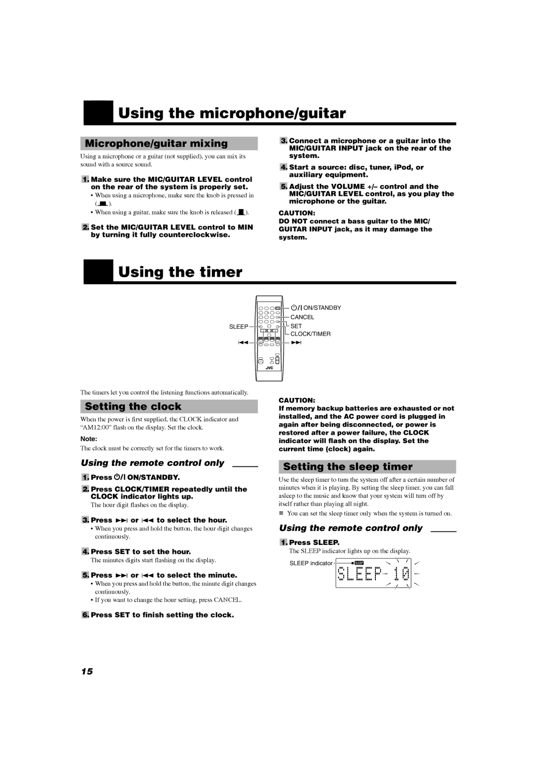 JVC RV-NB20W, RV-NB20B manual „ Using the microphone/guitar, „ Using the timer, Microphone/guitar mixing, Setting the clock 