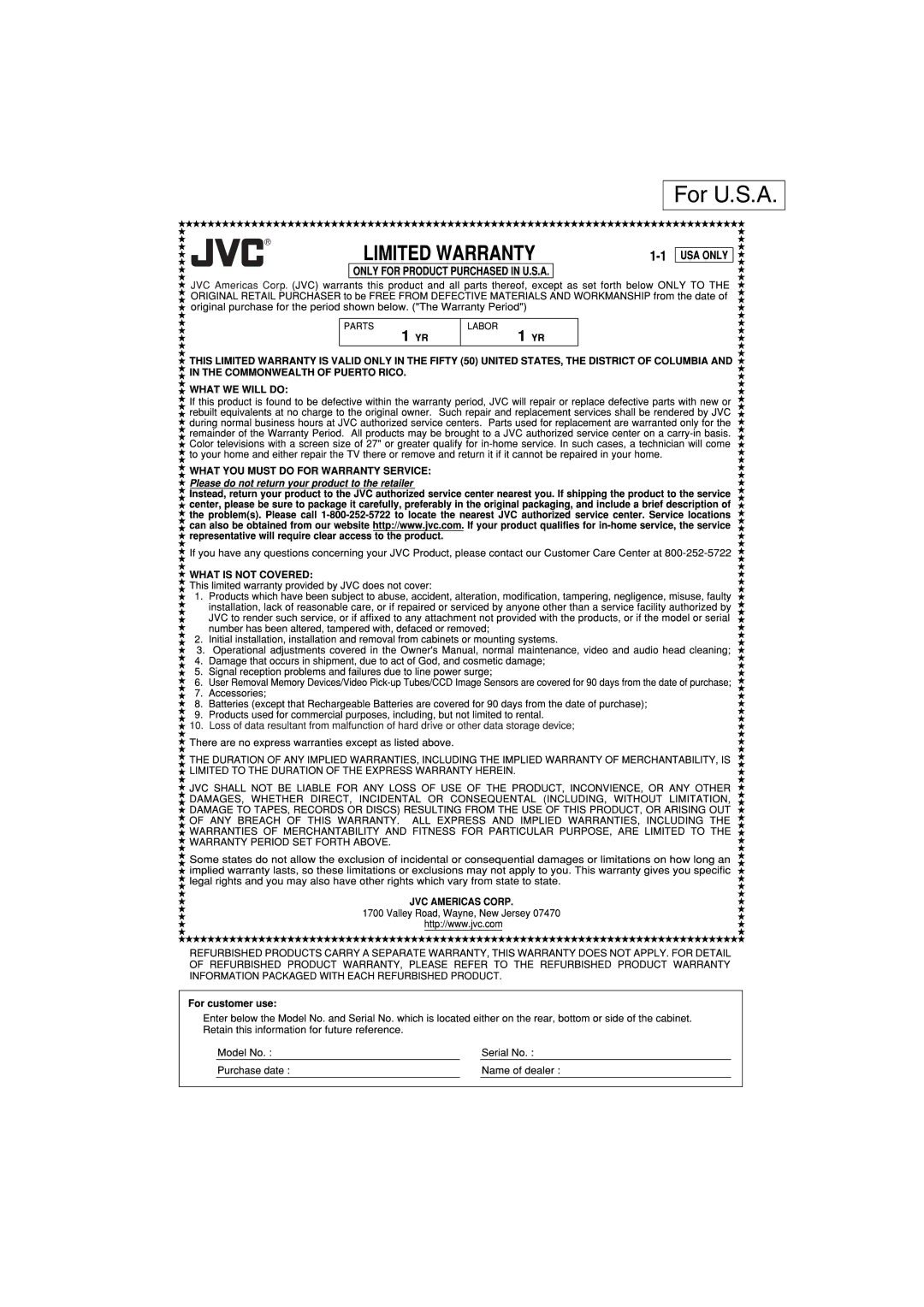 JVC RV-NB20B, RV-NB20W manual For U.S.A 