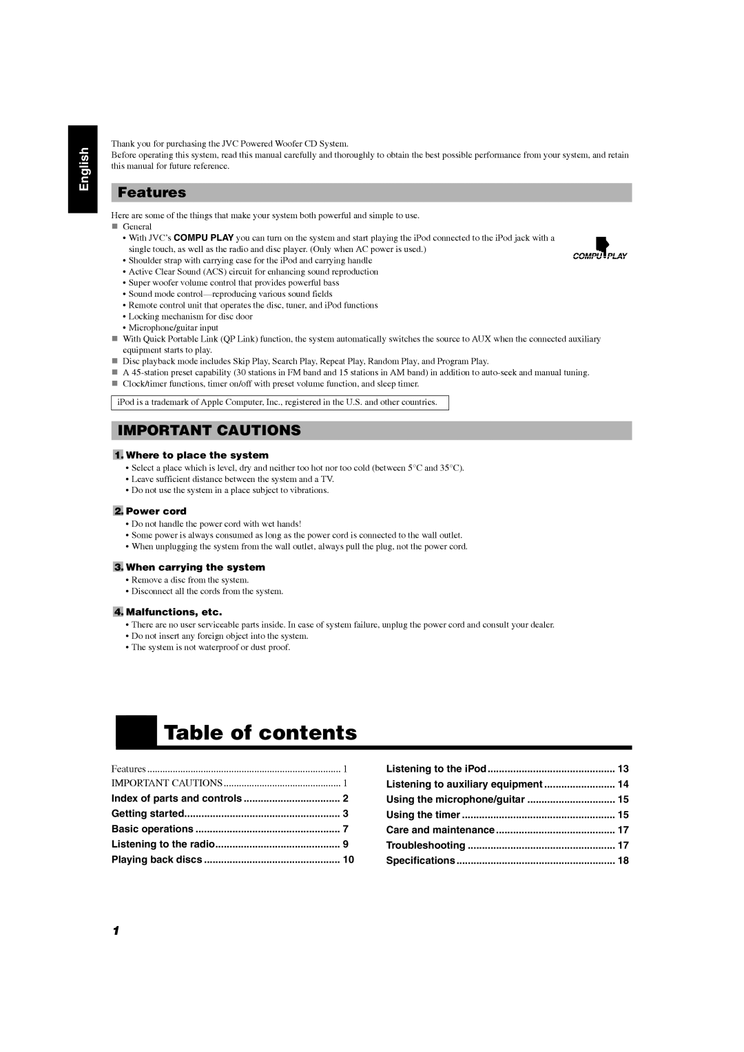 JVC RV-NB20W, RV-NB20B manual „ Table of contents 