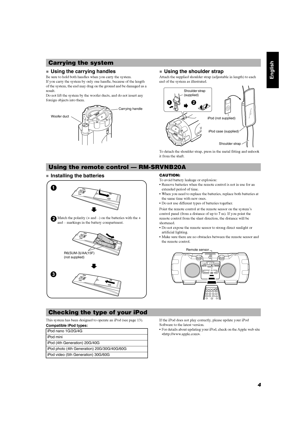 JVC RV-NB20B, RV-NB20W manual Carrying the system 