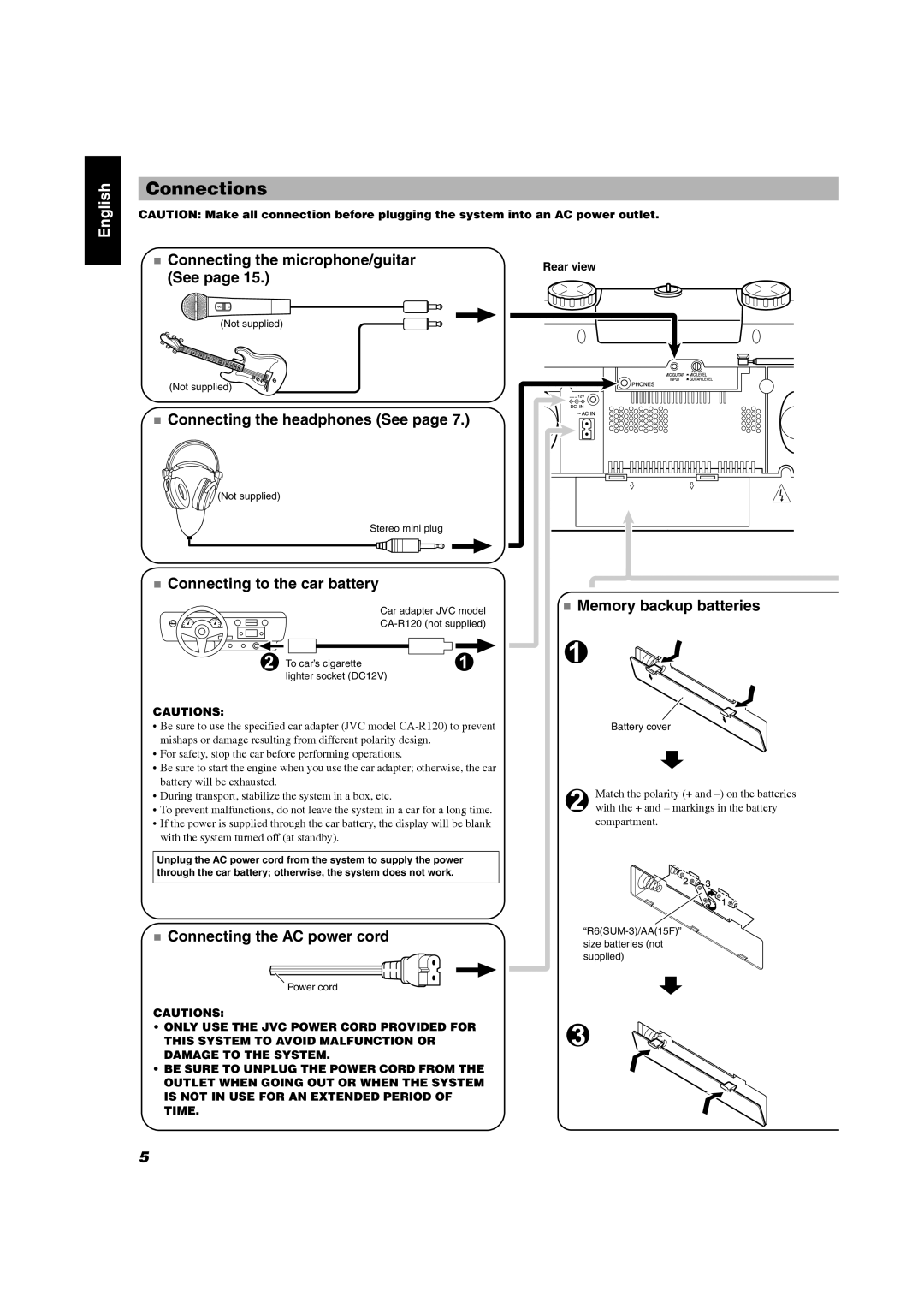 JVC RV-NB20W, RV-NB20B manual „ Connecting the microphone/guitar 