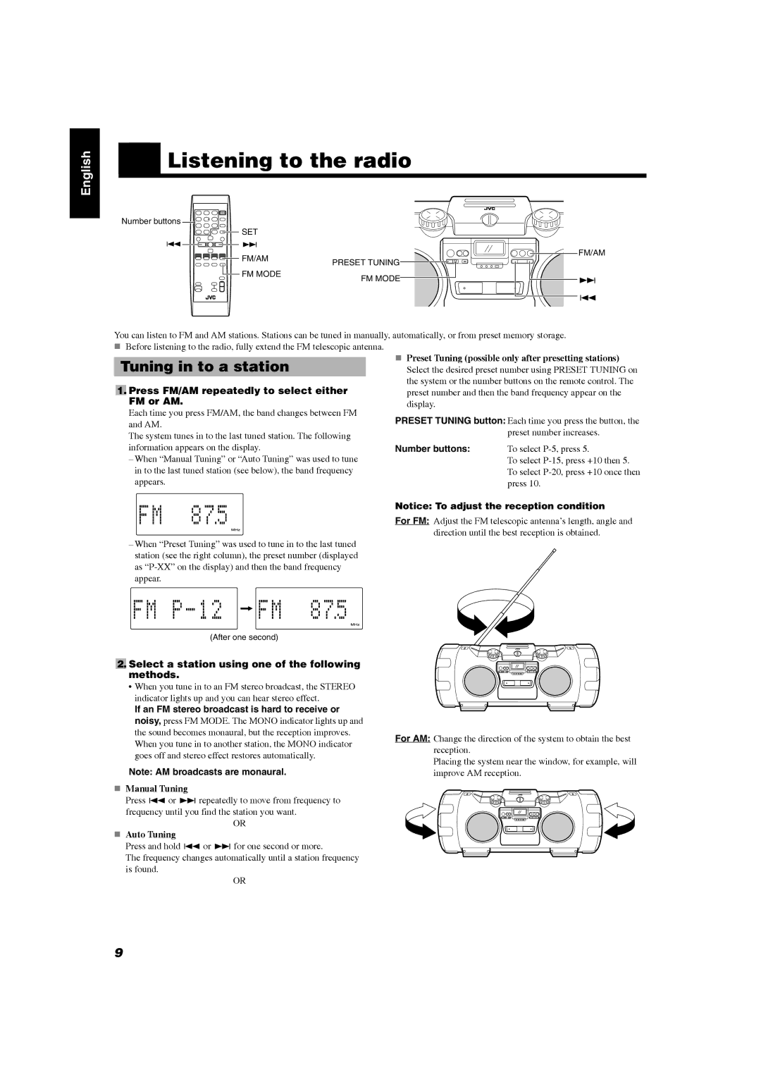 JVC RV-NB20W, RV-NB20B manual „ Listening to the radio 