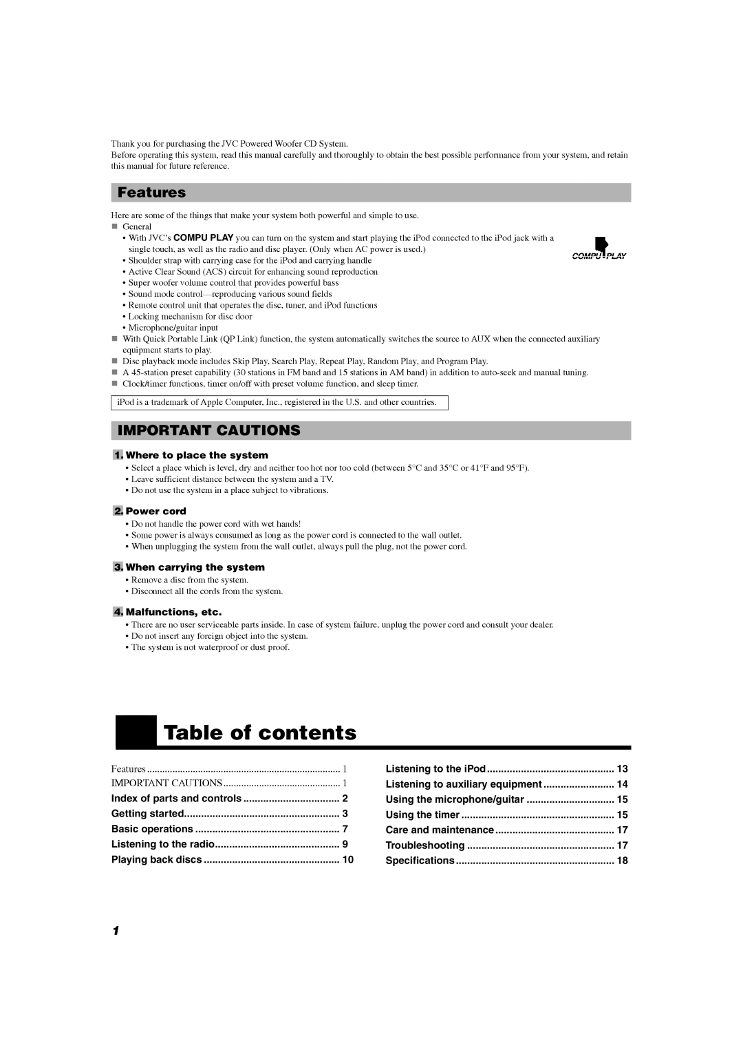 JVC RV-NB20W, RV-NB20B manual „ Table of contents 