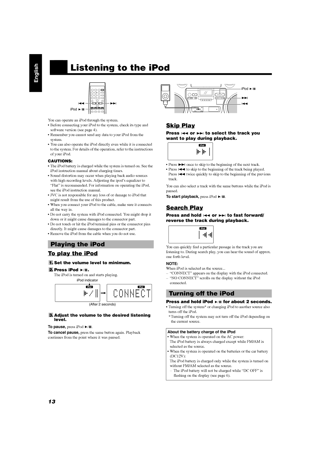 JVC RV-NB20W, RV-NB20B manual „ Listening to the iPod 