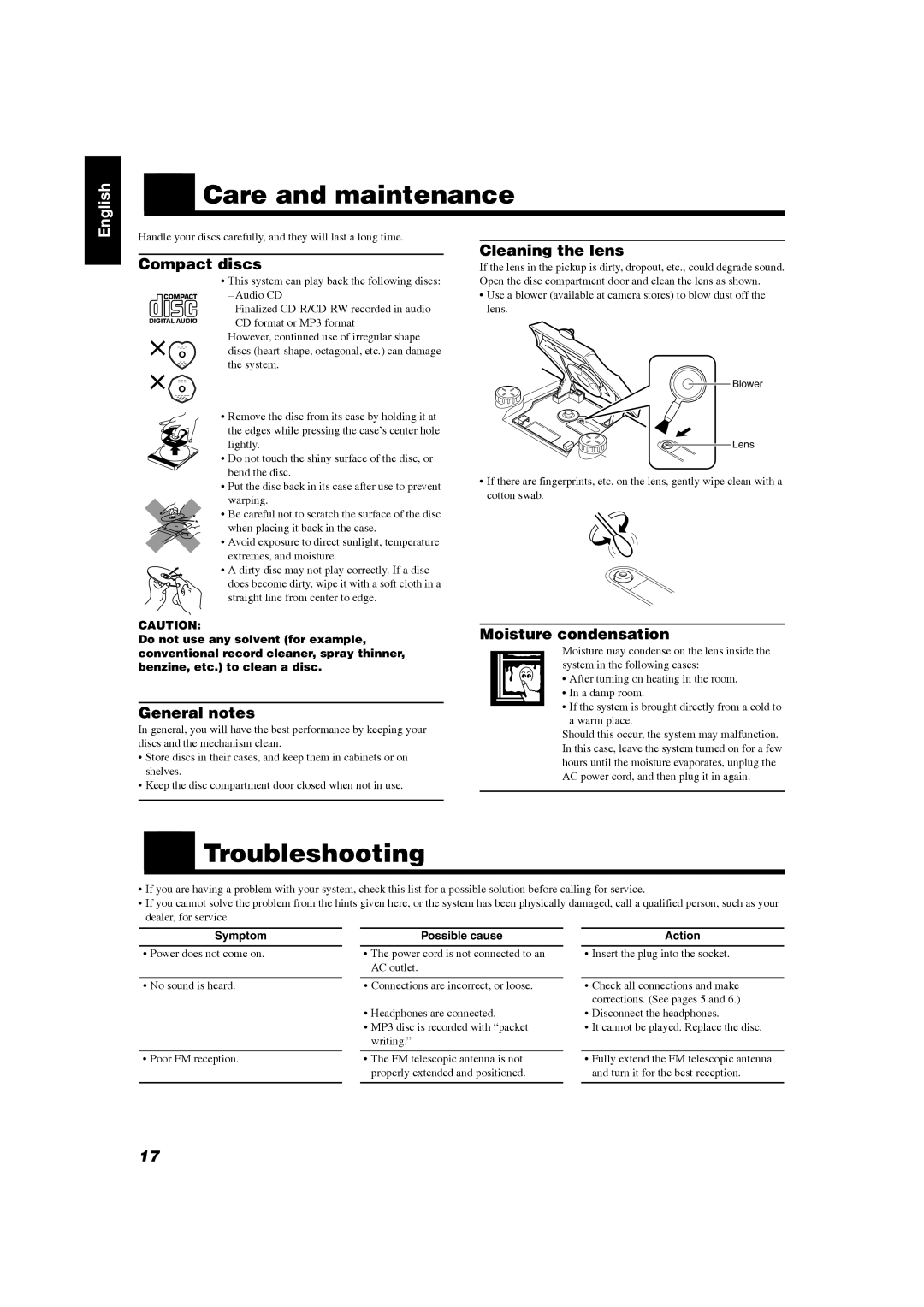 JVC RV-NB20W, RV-NB20B manual „ Care and maintenance 