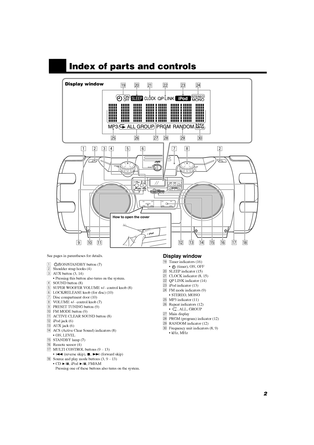 JVC RV-NB20B, RV-NB20W manual „ Index of parts and controls, Display window 