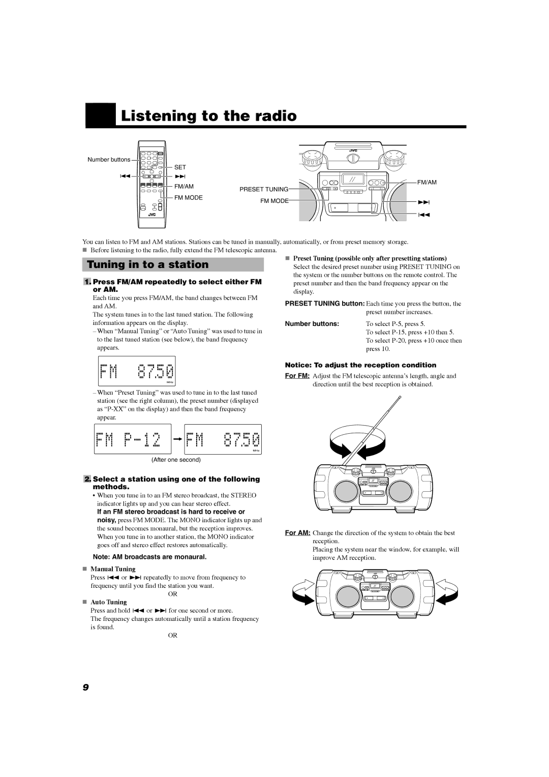 JVC RV-NB20W, RV-NB20B manual „ Listening to the radio 