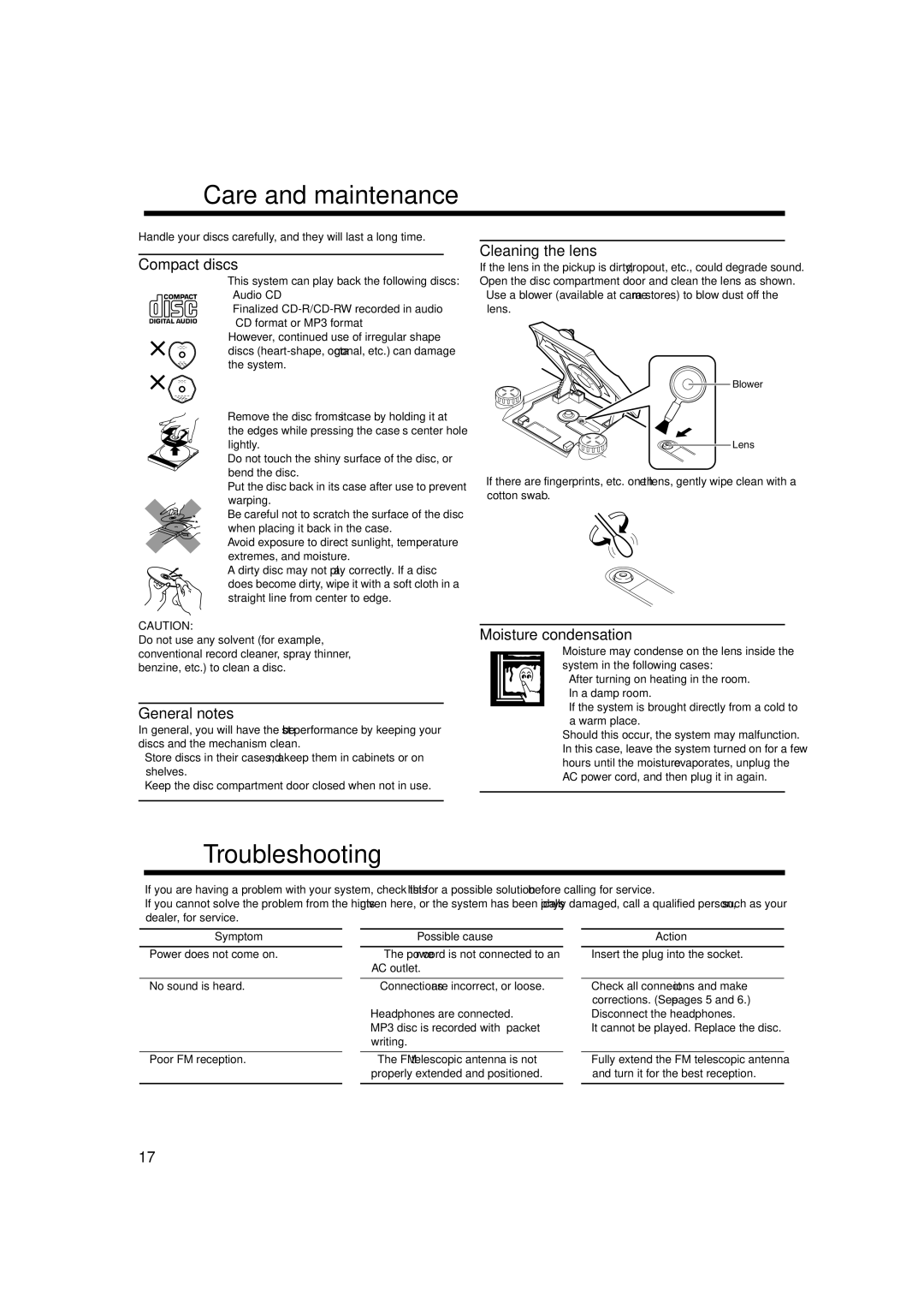 JVC RV-NB20W, RV-NB20B manual „ Care and maintenance 