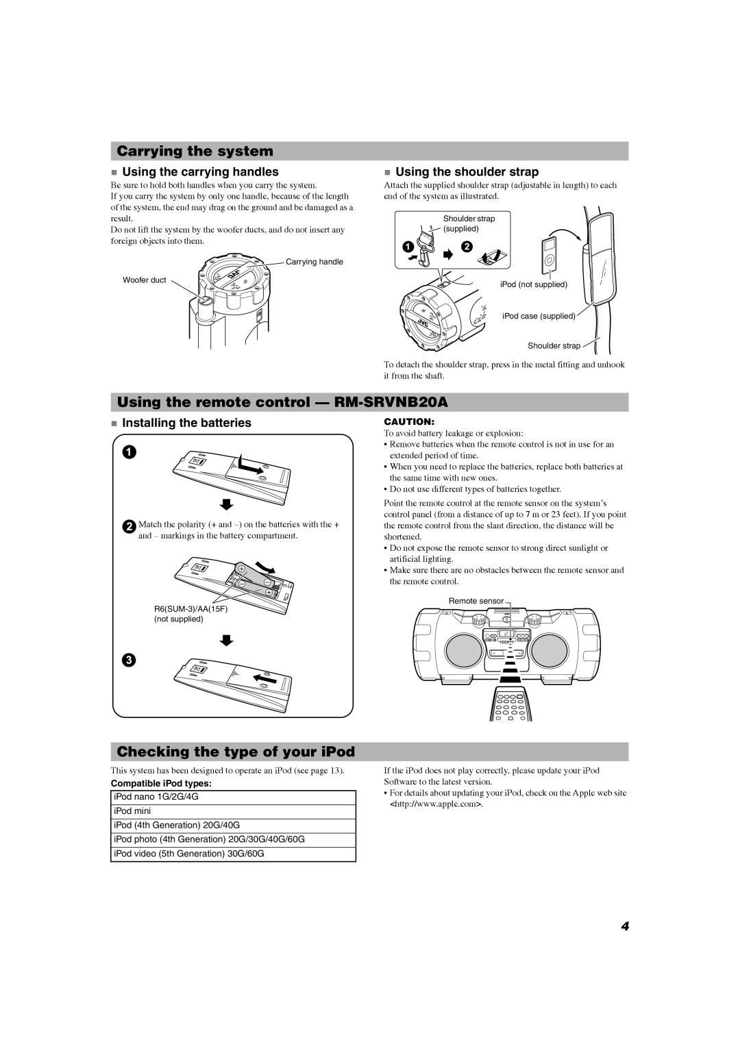 JVC RV-NB20B, RV-NB20W manual Carrying the system, Using the remote control RM-SRVNB20A, Checking the type of your iPod 