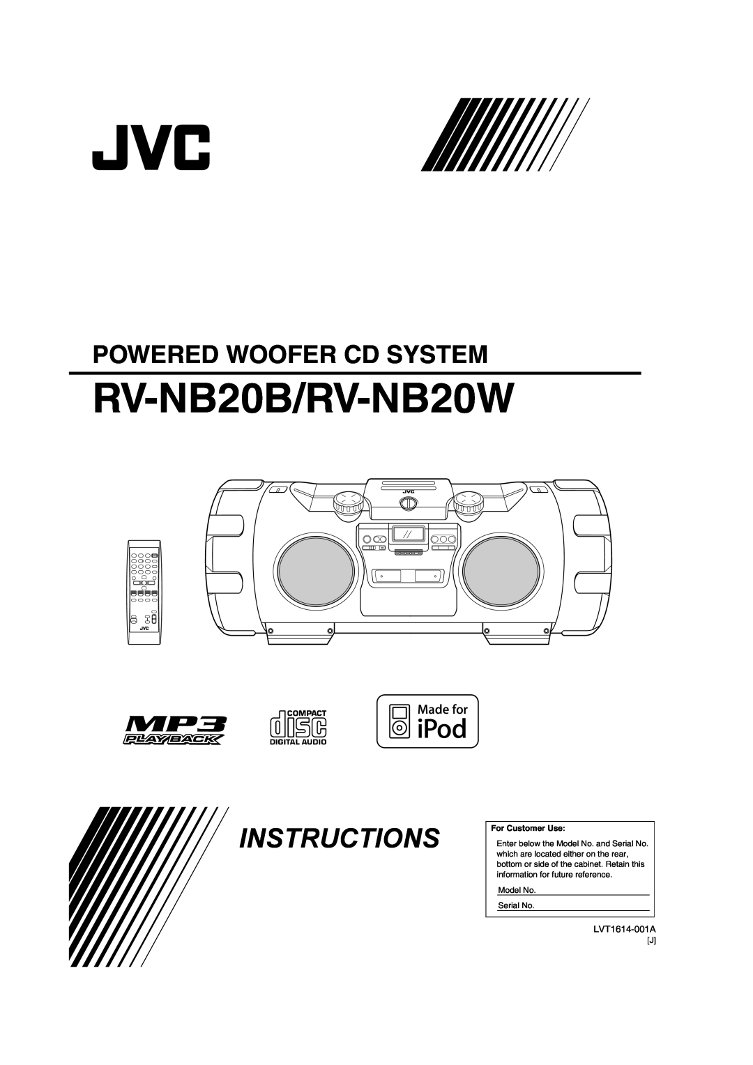 JVC manual RV-NB20B/RV-NB20W, Instructions, Powered Woofer Cd System, For Customer Use 