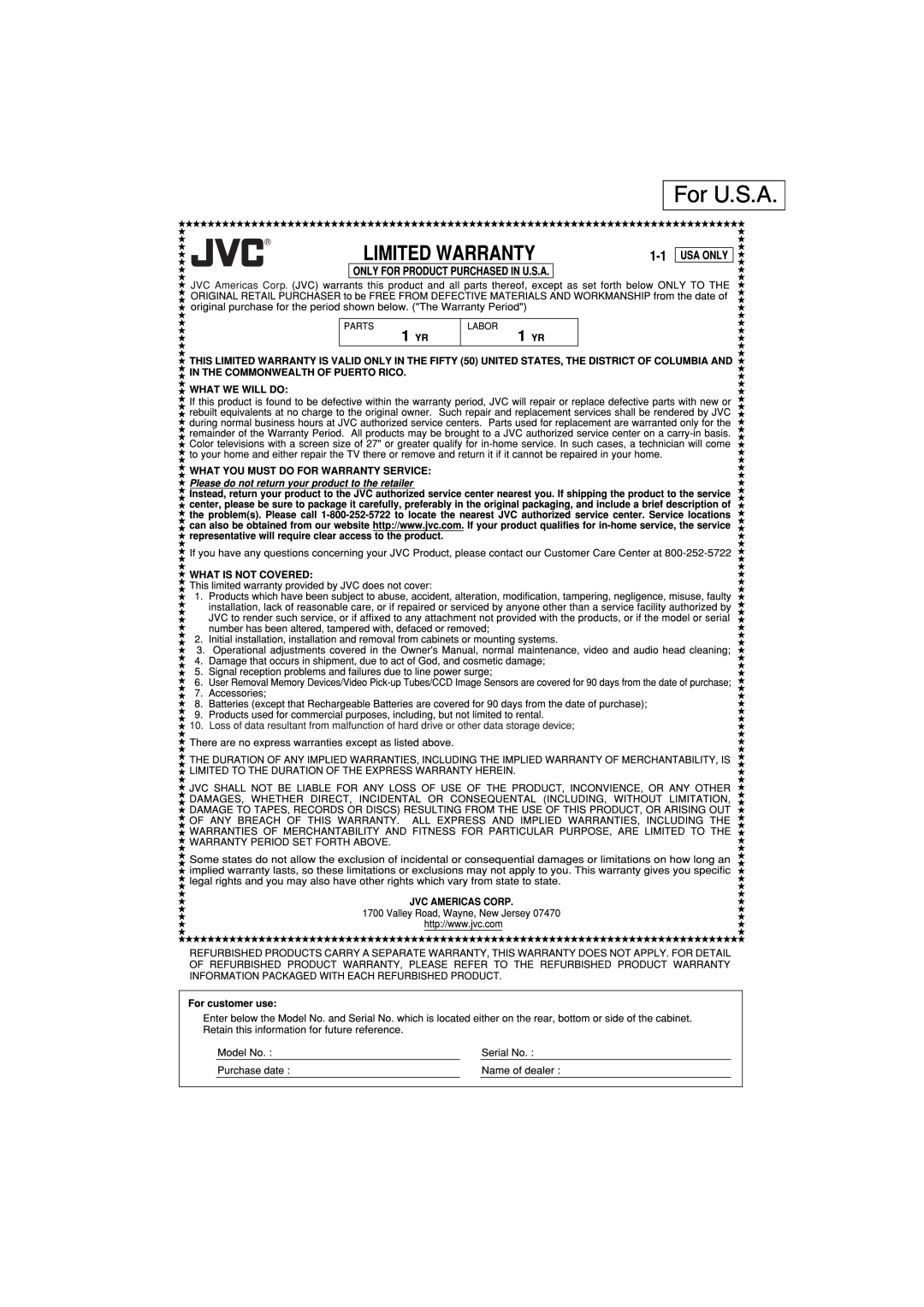 JVC RV-NB20B, RV-NB20W manual For U.S.A 
