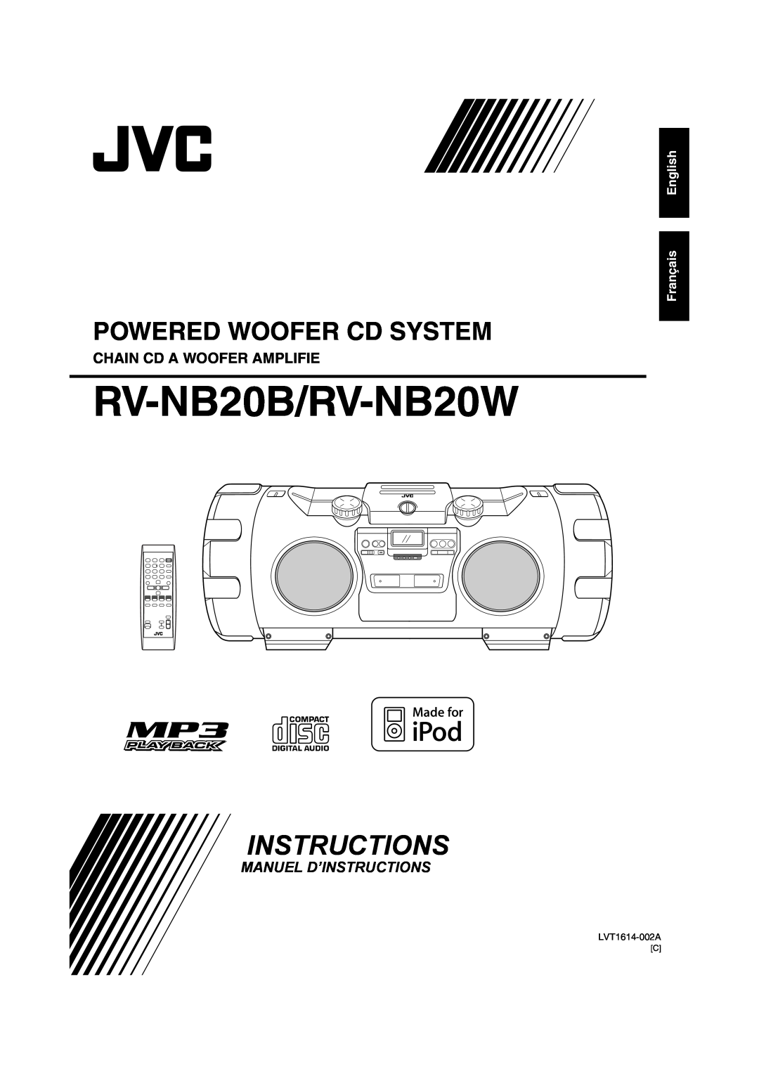 JVC manual Chain Cd A Woofer Amplifie, English, Français, RV-NB20B/RV-NB20W, Instructions, Powered Woofer Cd System 