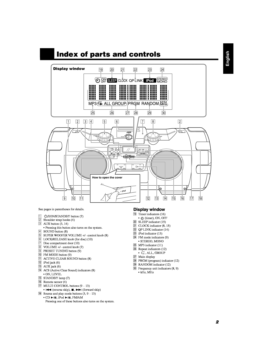JVC RV-NB20B, RV-NB20W manual „Index of parts and controls, English, Display window 