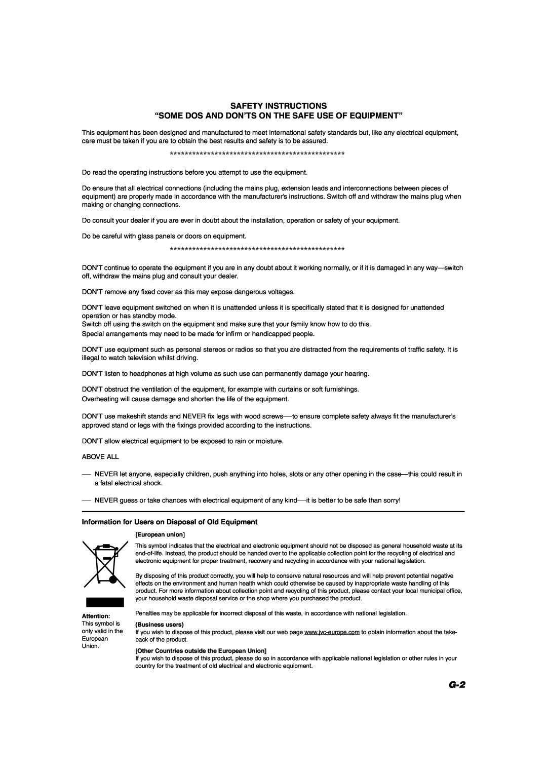 JVC RV-NB20B, RV-NB20W manual Safety Instructions 