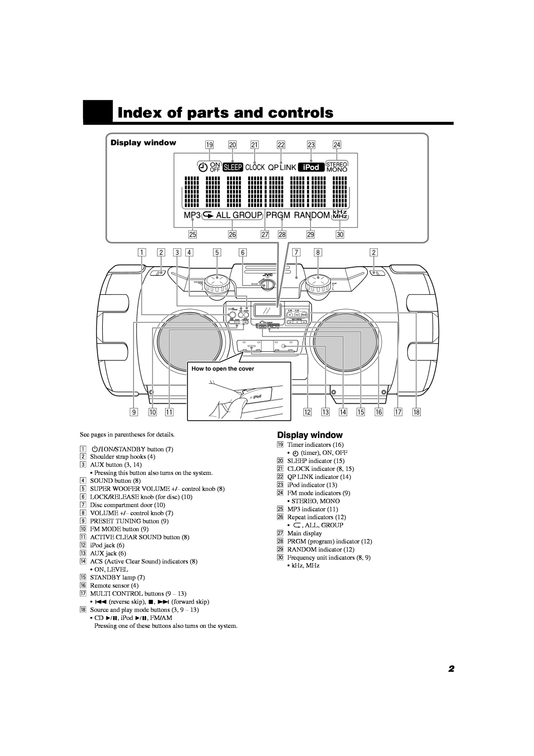 JVC RV-NB20B, RV-NB20W manual „Index of parts and controls, Display window 