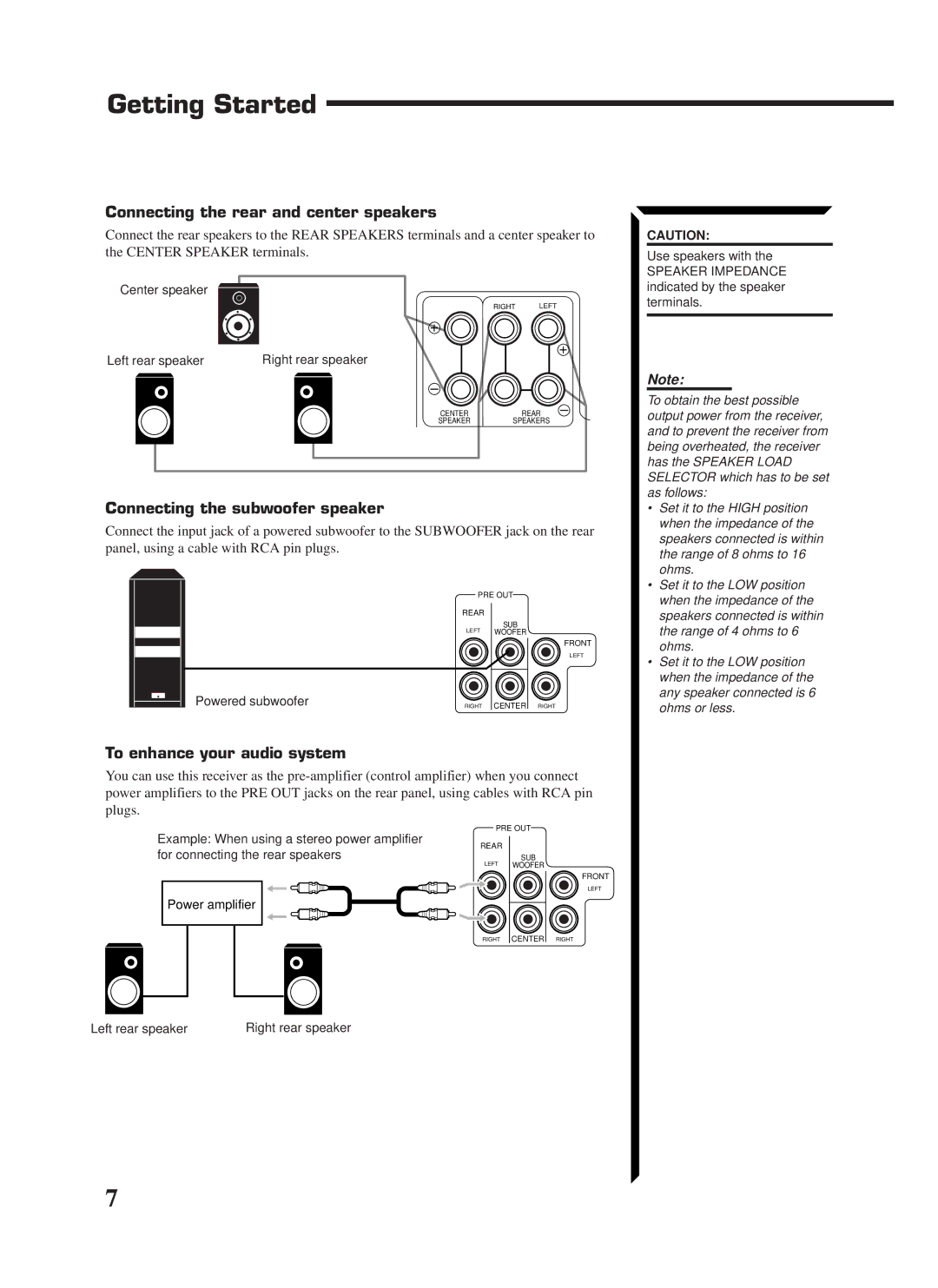 JVC RX-1024VBK Connecting the rear and center speakers, Connecting the subwoofer speaker, To enhance your audio system 