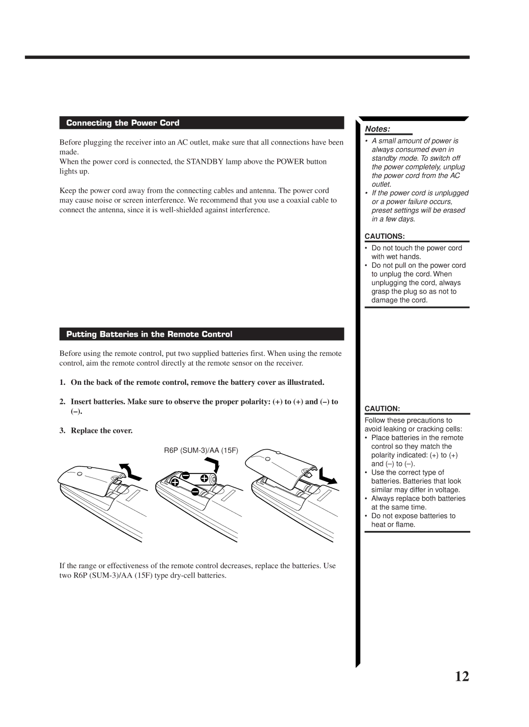 JVC RX-1024VBK manual Connecting the Power Cord, Putting Batteries in the Remote Control 