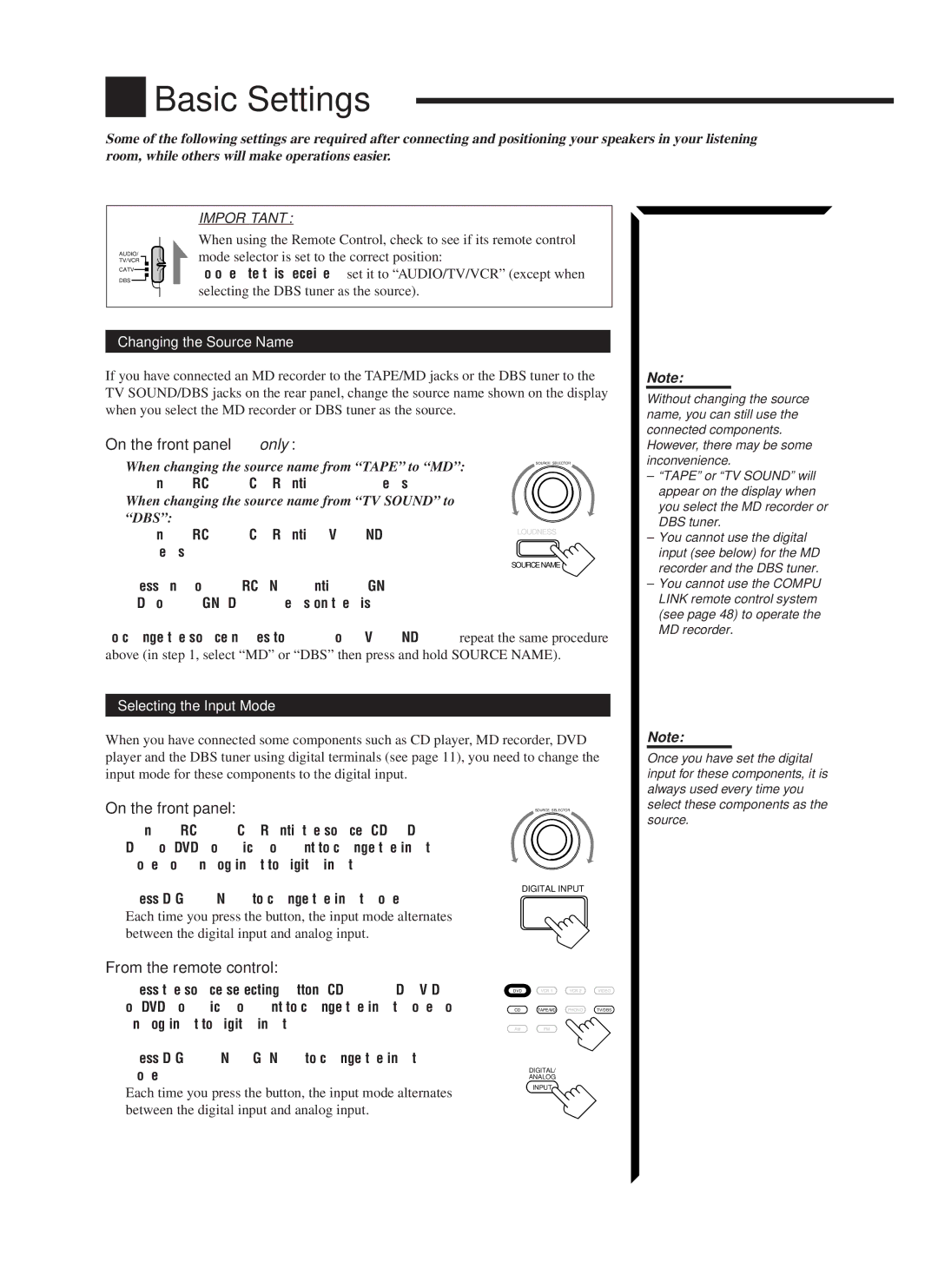 JVC RX-1024VBK Basic Settings, Selecting the DBS tuner as the source, Changing the Source Name, Selecting the Input Mode 