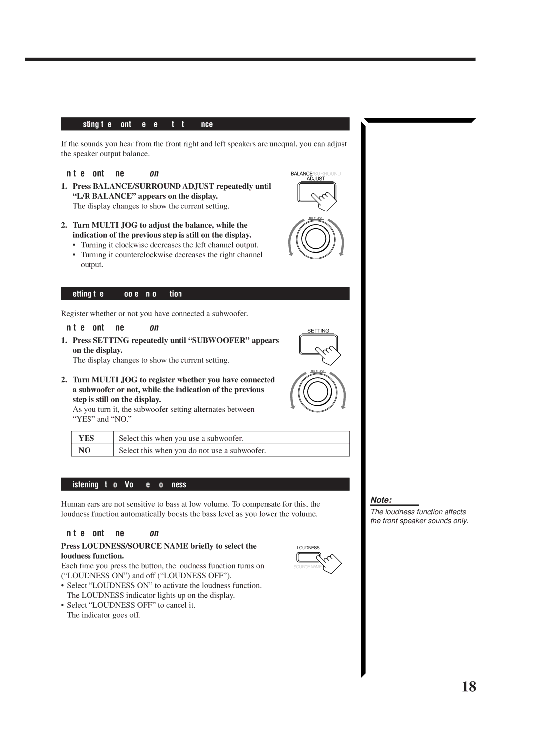 JVC RX-1024VBK manual Adjusting the Front Speaker Output Balance, Setting the Subwoofer Information, Yes 