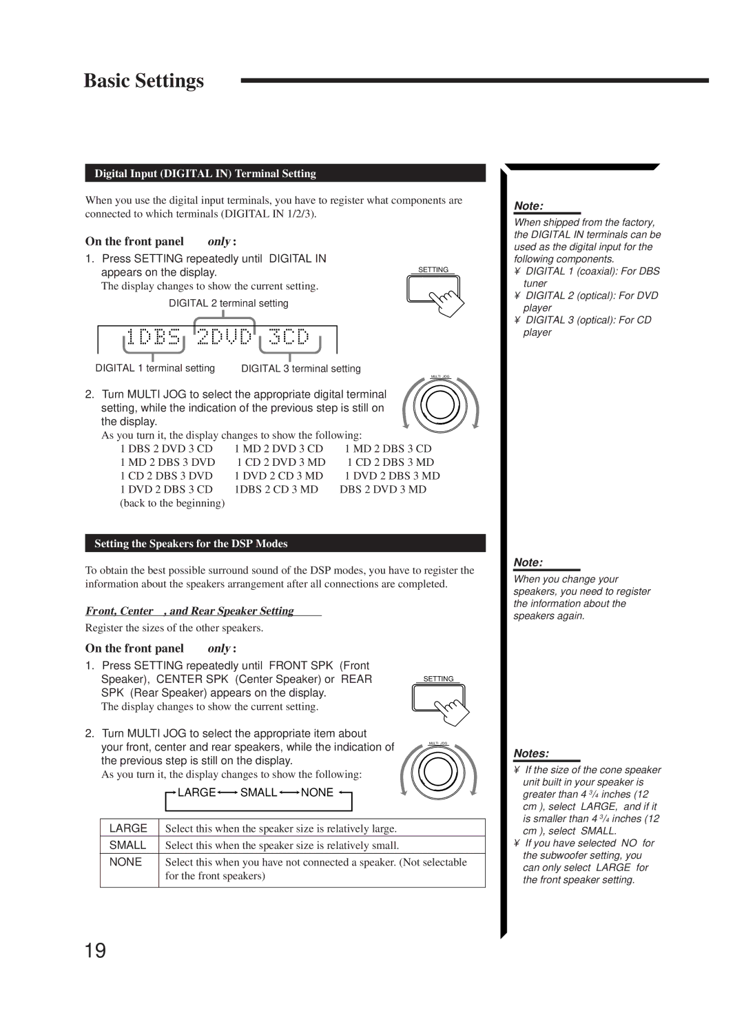 JVC RX-1024VBK Basic Settings, Digital Input Digital in Terminal Setting, Setting the Speakers for the DSP Modes, Large 