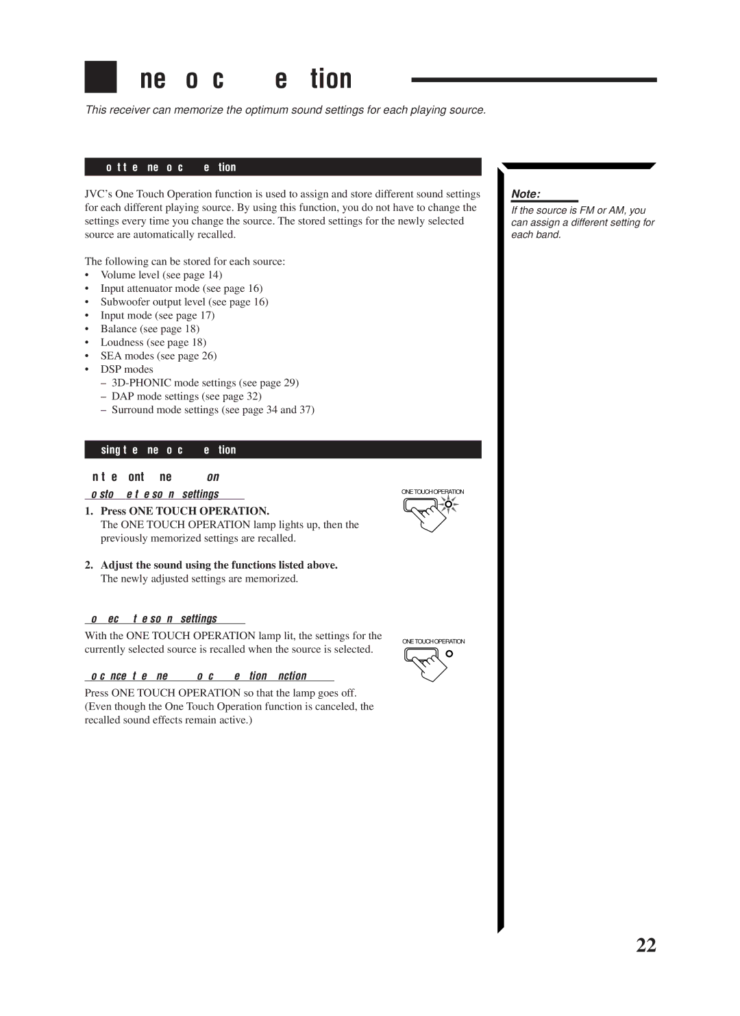 JVC RX-1024VBK manual One Touch Operation, To store the sound settings, To recall the sound settings 