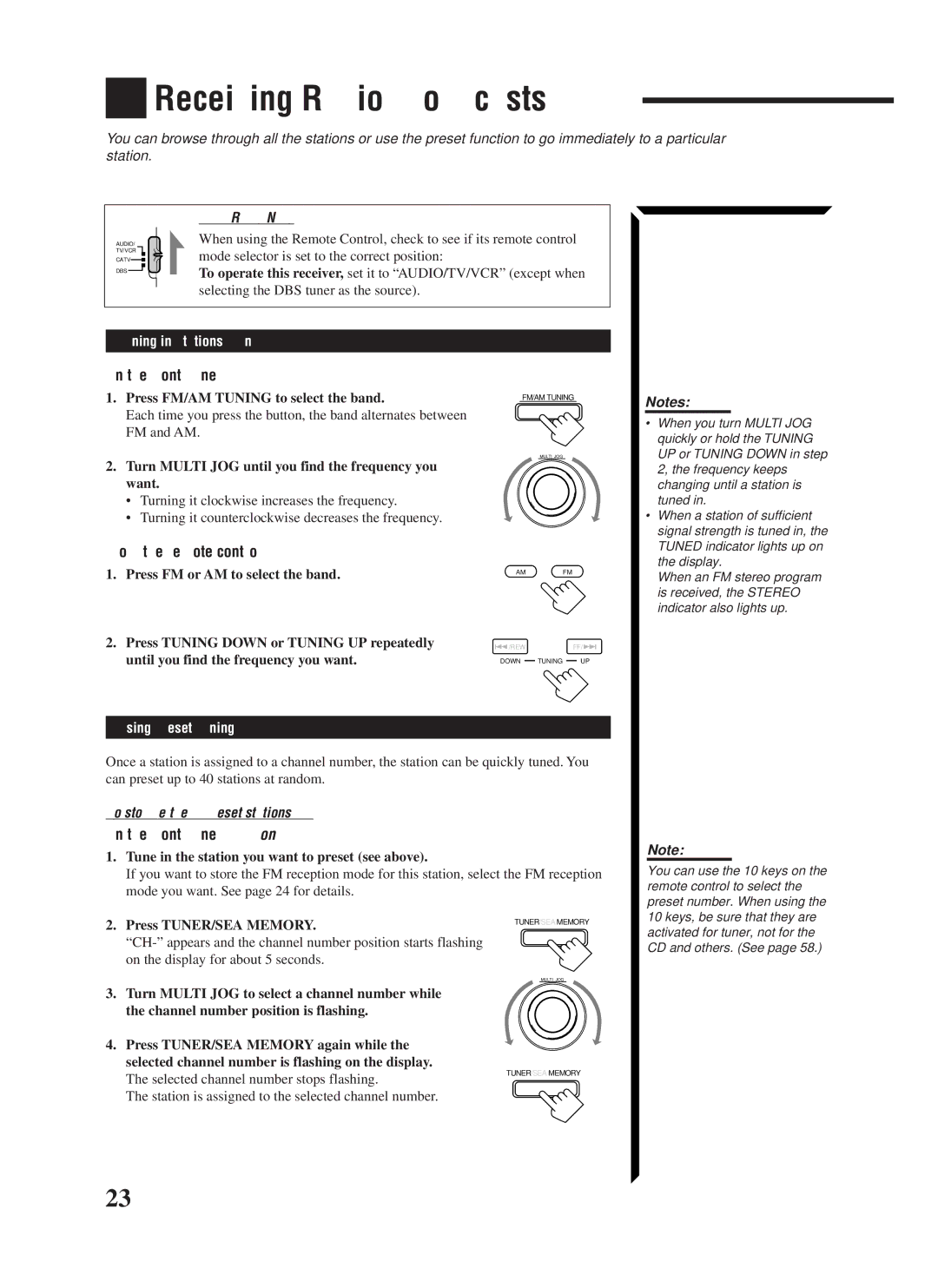 JVC RX-1024VBK Receiving Radio Broadcasts, Tuning in Stations Manually, Using Preset Tuning, To store the preset stations 