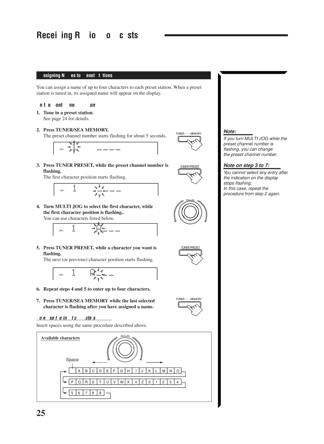 JVC RX-1024VBK manual Receiving Radio Broadcasts, Assigning Names to Preset Stations, To erase the input characters 